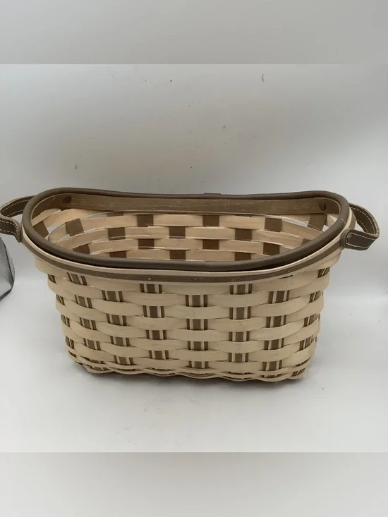 Longaberger Tan and Brown Woven Bicycle Basket with Leather Handles and Liner - Picture 1 of 10